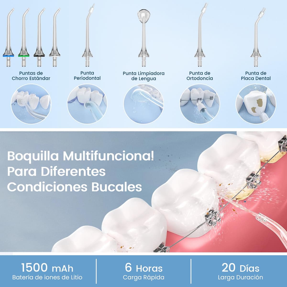 Irrigador Bucal Portatil, Vimmk Irrigador Dental Inalámbrico Profesional 8 Boquillas 5 Modos, IPX7 Impermeable 300ML USB-C Recargable Para Limpieza Dientes, Para el Hogar y los Viajes (Blanco) — view 6