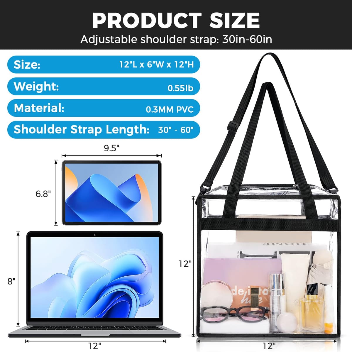 BAGAIL Clear Bags 12x6x12 Stadium Approved Clear Tote Bag with Zipper Closure Crossbody Shoulder Bag with Adjustable Strap — view 3