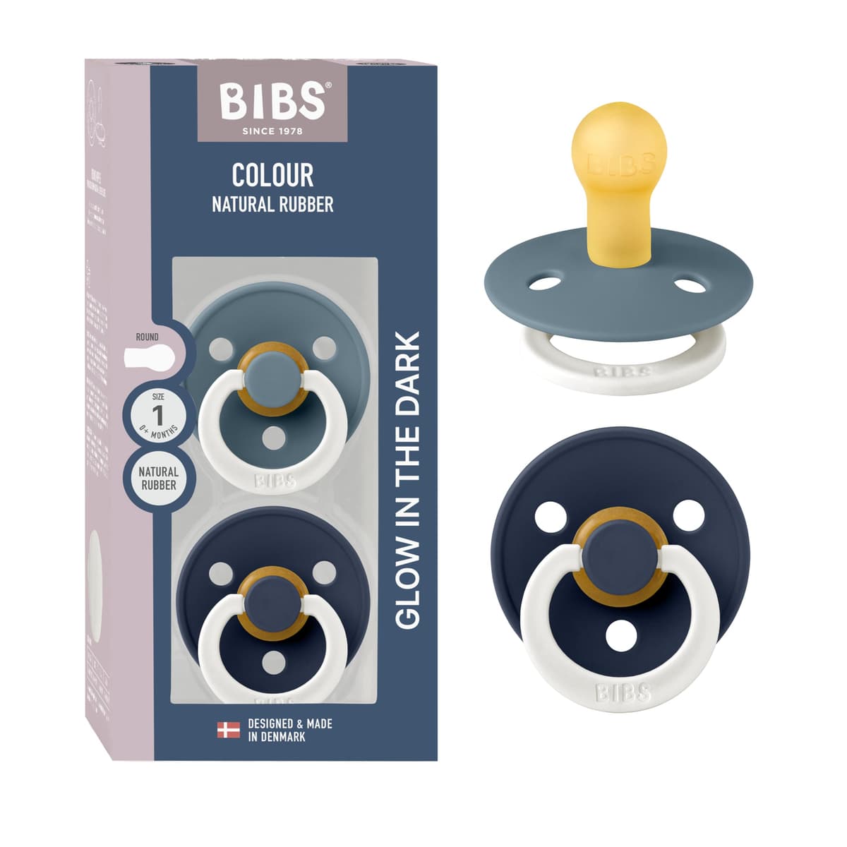BIBS Colour Soother 2-Pack, BPA Free Dummy Pacifier, Round Nipple. Natural Rubber Latex, Size 2 (6-18 Months), Sky Blue/Steel Blue — view 87