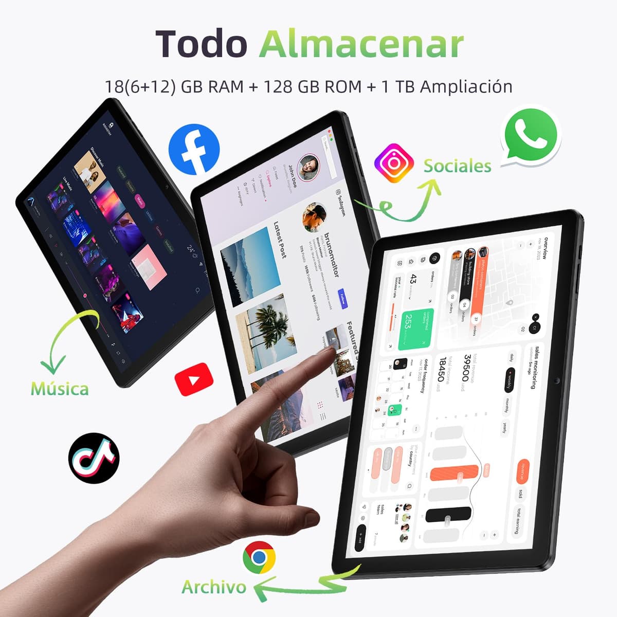 Tablet 10 Pulgadas, Tableta Android 15 con Funda, Unisoc T30 Quad-Core, 18 GB RAM + 128 GB ROM + 1 TB TF, Pantalla HD IPS 1280x800, Cámara Dual 5MP + 8MP, 6000 mAh, WiFi 6, BT 5.0, Widevine L1 (K70) — view 4