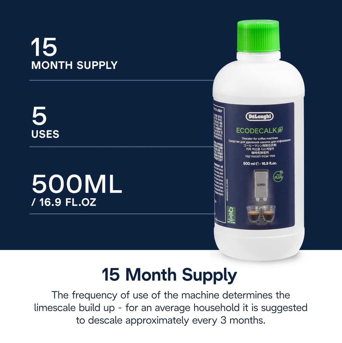 De'Longhi EcoDecalk Descaler DLSC500, 5 Decalcification Doses, Coffee Machine Descaler, Coffee Machine Maintenance Accessory, Plant-Based Ingredients, Bottle with 5 Doses, 500ml — view 7