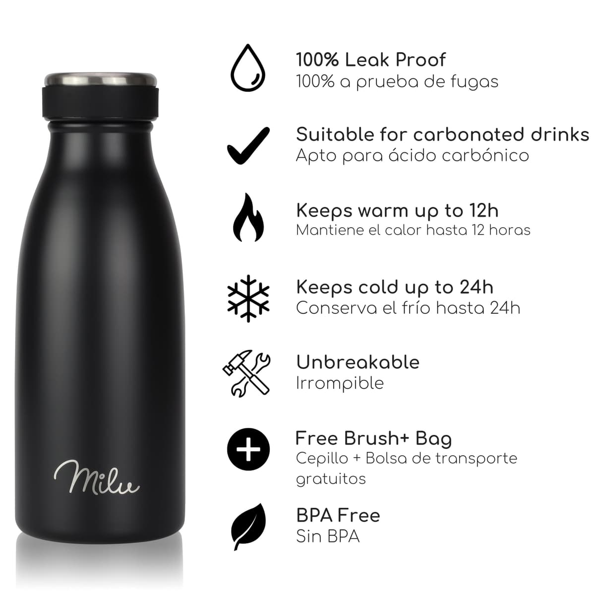 Milu Botella de acero inoxidable de 350ml 500ml 750 ml 1 L 1,5 L botella de agua aislada, termo a prueba de fugas, doble pared, apta para ácido carbónico + cepillo de limpieza (Azul Violeta, 350ml) — view 21