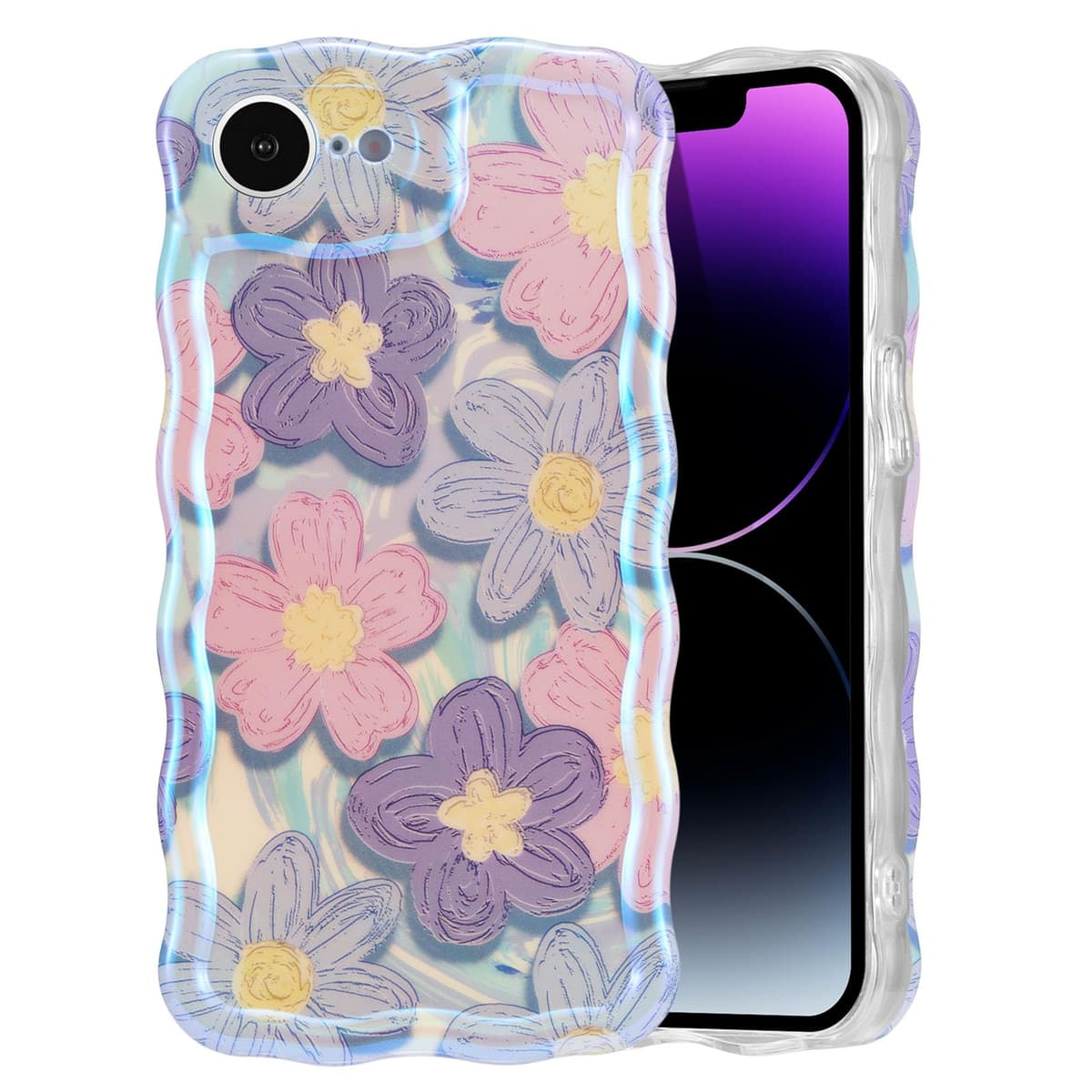 EYZUTAK Case for iPhone 16, Colorful Retro Oil Painting Printed Flower Laser Glossy Pattern Cute Curly Wave Edge Exquisite Phone Cover Stylish Durable TPU Protective Case for Girl Women-Green — view 52