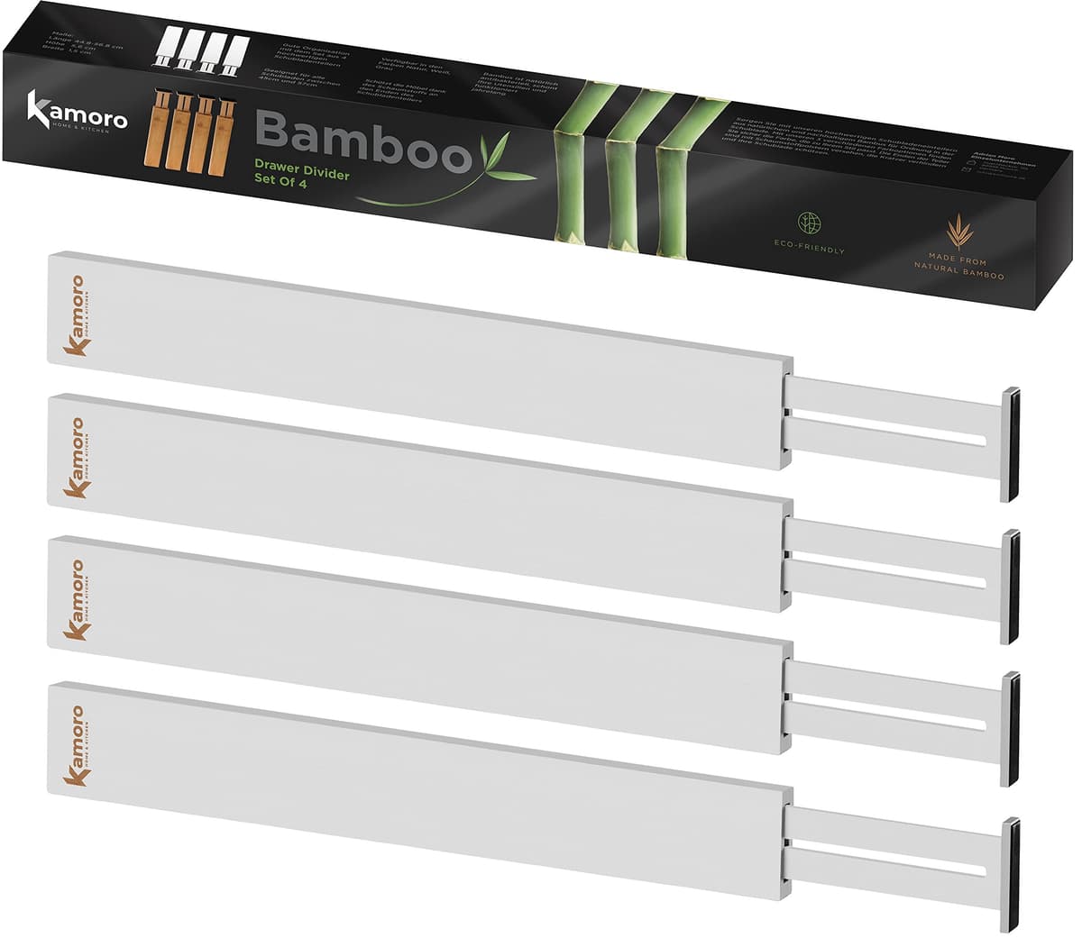 Kamoro HOME & KITCHEN Natural Bamboo Drawer Dividers - Spring Loaded for Firm Hold - Furniture Protection Ends [Set of 4] - Adjustable from 45 to 57 cm - White