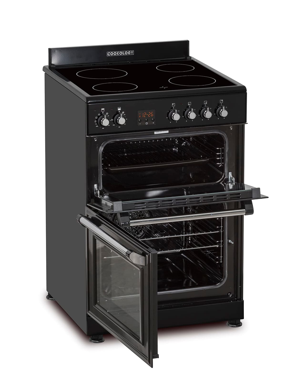 Cookology RETDO600BK Freestanding 60cm Wide, Retro Double Cavity Grill Oven Cooker with Ceramic 4 Zone Hob and Analogue Dials - in Black — view 5