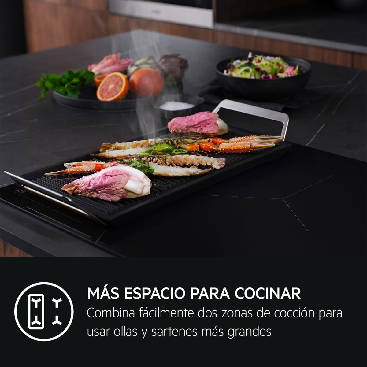 AEG TN63IP0BFB Placa de Inducción, 60 cm, 3 Zonas de Cocción, SenseBoil & SenseFry, FlexiPuente, Sistema Sistema Hob2Hood, Función PowerBoost y Pausa, Controles Deslizantes Independientes, Negro — view 2