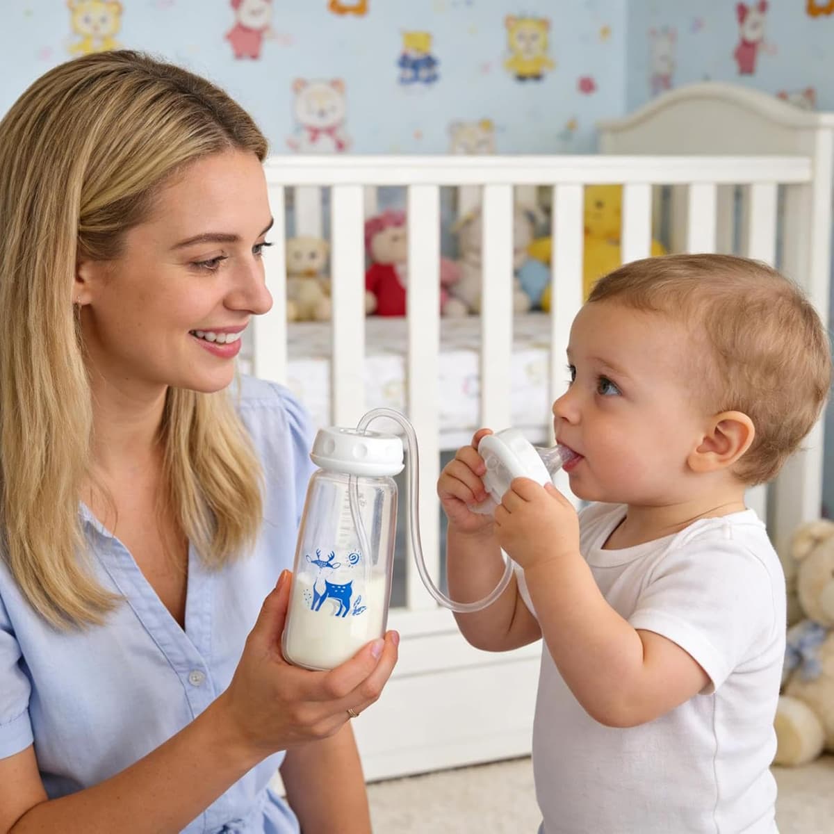 Anti-Colic Feeding Bottle, 240ml Hands Free Feeder Nursing Cup, Adjustable Fast-Flow Milk Bottle Feeding System for Both Male and Female Kids, Easy to Hold — view 7