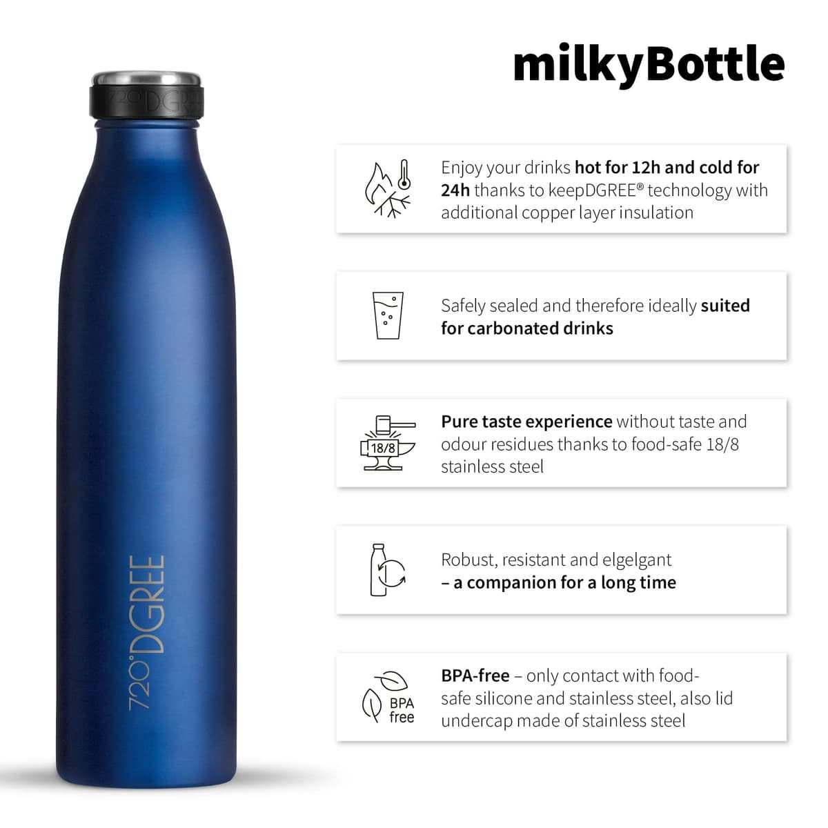 720°DGREE Botella Agua Acero Inoxidable “milkyBottle“ – 1litro - Sin BPA Free, Antigoteo y Prueba de Fugas - Frasco térmico, Cantimplora Aislada - Bebida con Gas, Deporte, Escuela, Gimnasio Exteriore — view 2