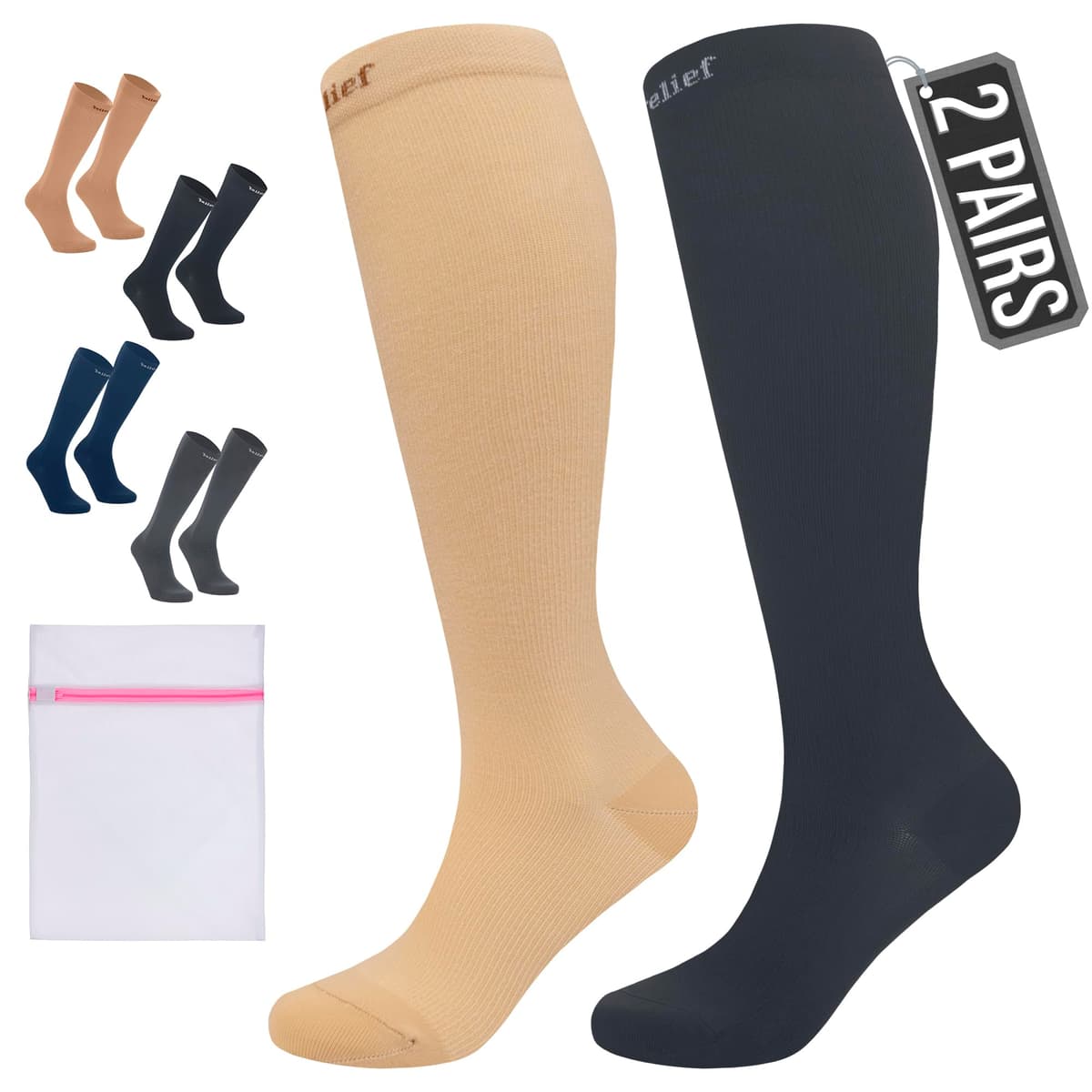 360 Relief Medias de Compresión Mujer y Hombre - 1 Par Calcetines de Compresión para Deportes, Correr, Volar, Viaje, Trabajo, Footing - S/M Beis con Bolsa de Malla — view 20