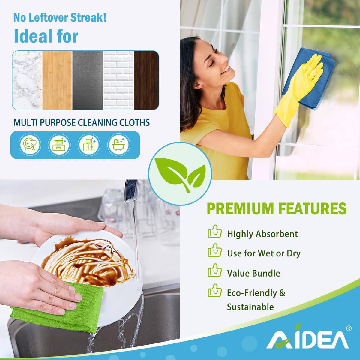 AIDEA Microfibre Cloth Pack of 8, Multifunctional Reusable Cleaning Cloths, Lint Free Streak Free Washable Cloth Duster for House, Kitchen, Car, Motorbike, Windows 30 x 30 cm — view 5