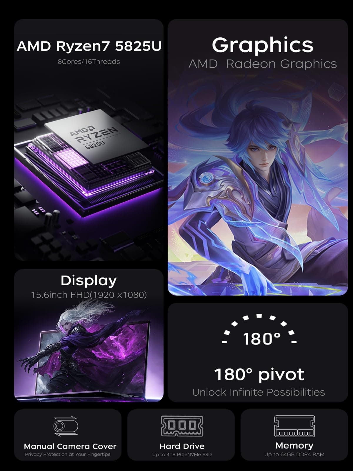 KAIGERR Light Gaming Laptop, 1TB NVMe SSD 16GB RAM Laptop Computer with AMD Ryzen 7 5825U(8C/16T, Up to 4.5GHz), 15.6inch Windows 11 Laptop, Radeon RX Vega 8 Graphics,WiFi 6 for Creative & Business — view 2