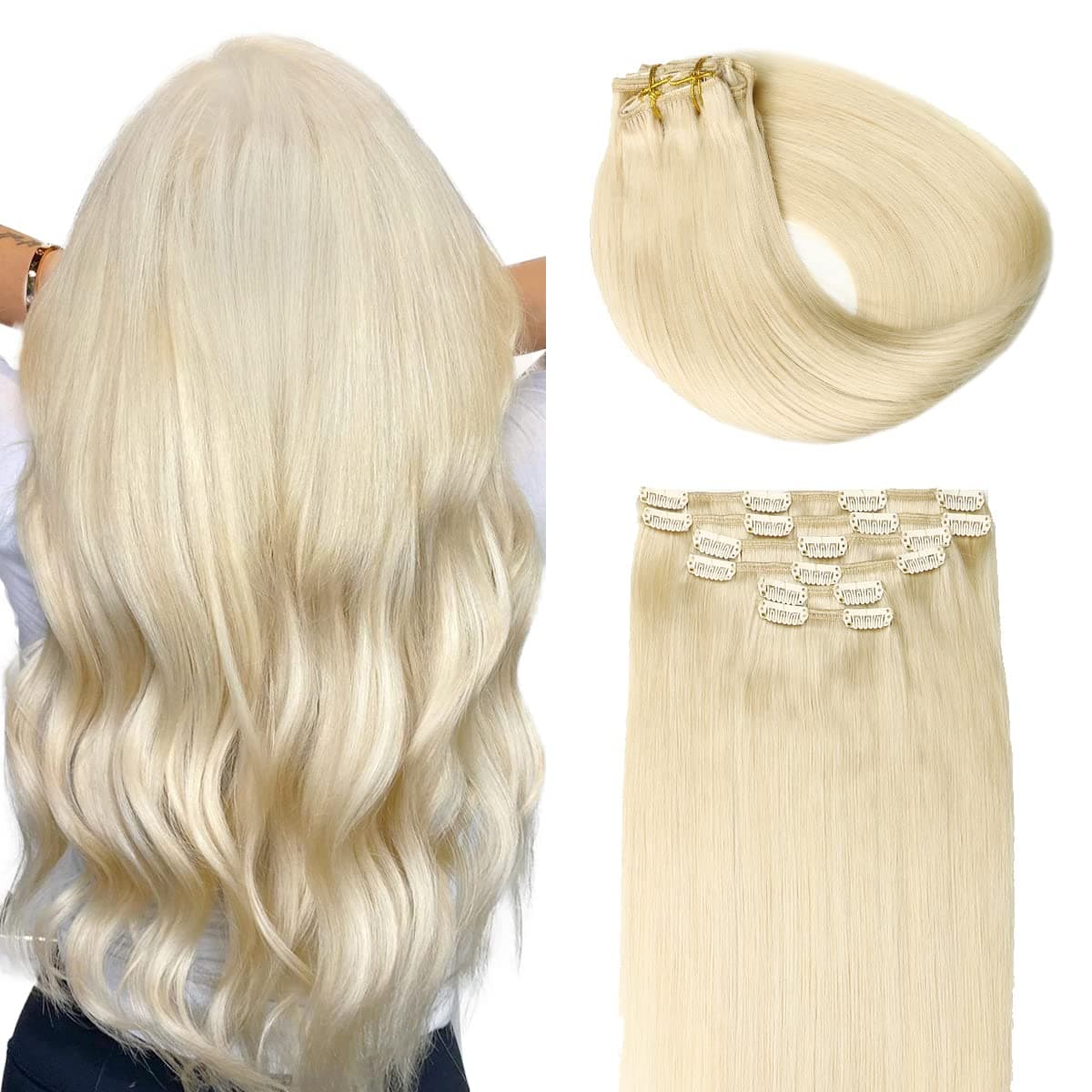 SURNEL Extensiones Clip Pelo Natural 100g 40cm 6 Piezas Rubio Platino Claro Extensiones De Clip De Humano Real Extensiones Pelo Remy Natural (C#60-40cm)