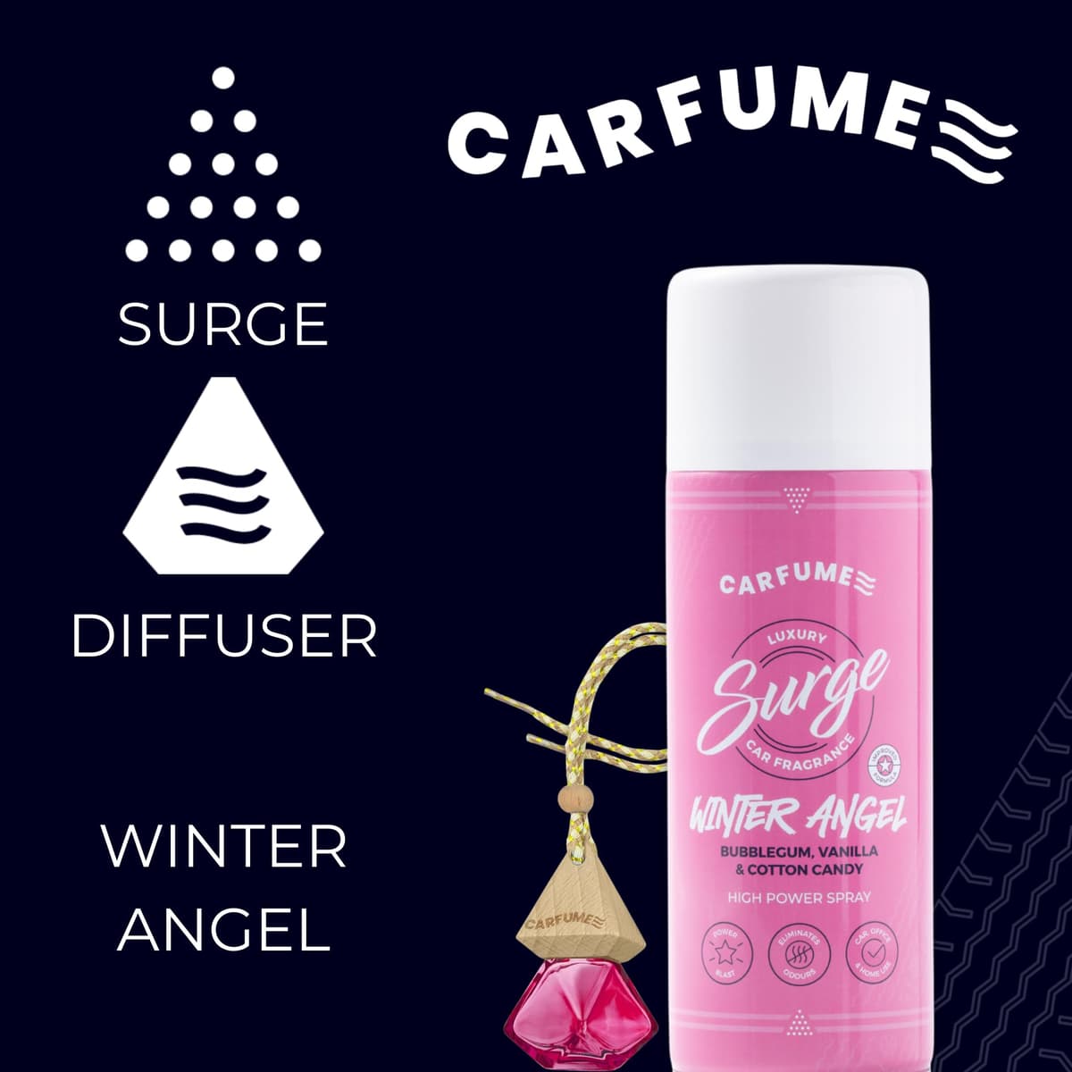 Carfume Winter Angel Car Air Freshener Twin Pack | Limited Edition Scent | Bubblegum, Vanilla & Cotton Candy Fragrance - Diffuser & Surge Can Bundle - Luxury Pink Car Accessory Gift For Women — view 3