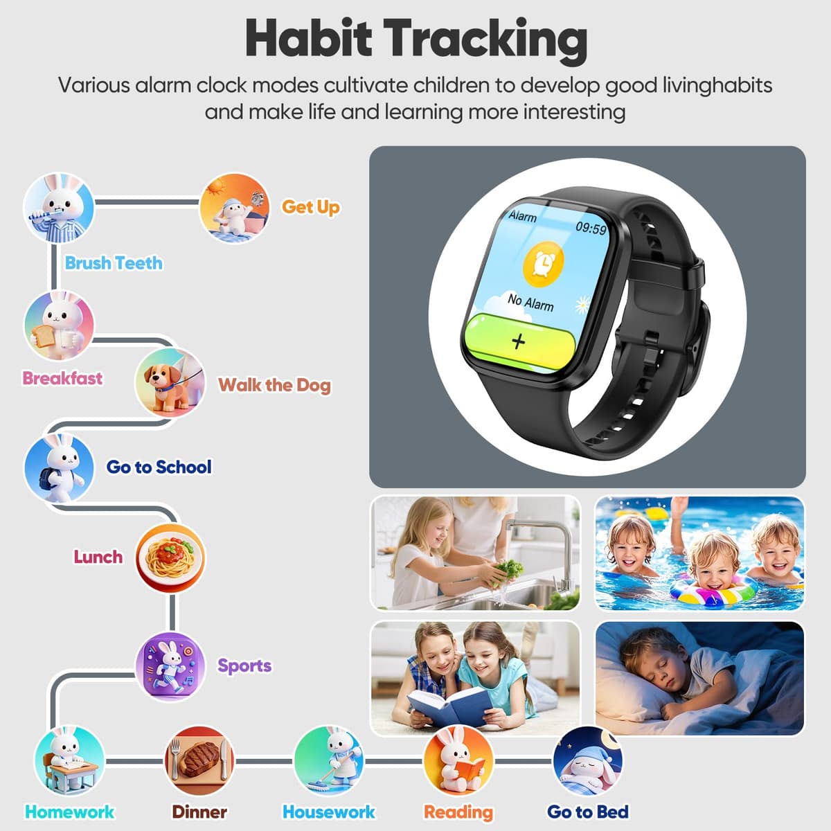 Kids Smart Watch for Boys Girls, HD Touchscreen Fitness Tracker with Heart Rate, Sleep Monitor, Activity, Pedometer, IP68 Waterproof SmartWatch with/without App, Gifts for Kids 4-12 (Black) — view 6
