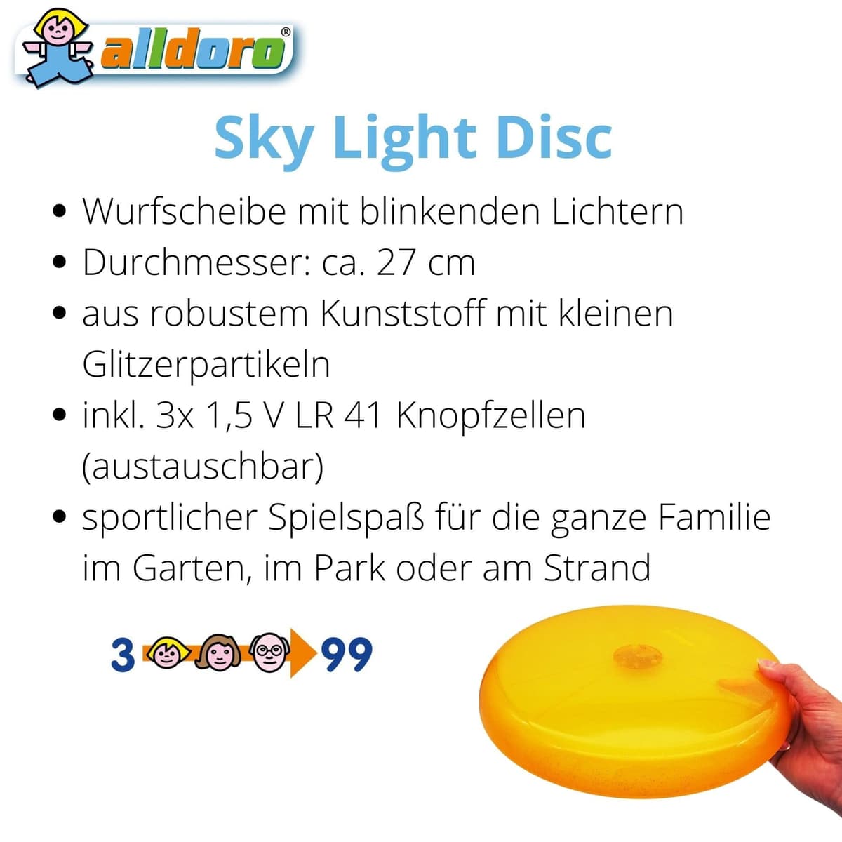 alldoro Sky Light, diámetro Aprox. Disco Frisbean de 27 cm con 3 LED para Playa, jardín y Exterior, Juego de Lanzamiento para niños a Partir de 4 años y Adultos, Color Naranja, (63019) — view 5