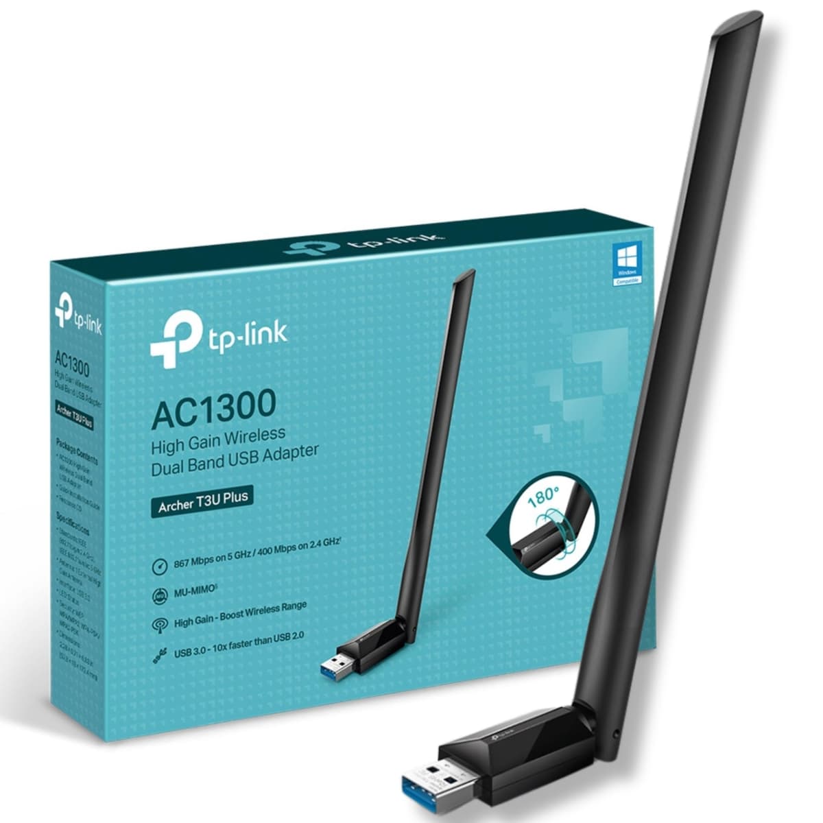 TP-Link Archer T3U Plus AC1300 USB WiFi Dongle Black, Dual Band 3.0 USB WiFi Dongle for PC, Two High-Gain Antennas Built in One, MU-MIMO, Windows 11/10/8.1/8/7XP, Mac OS, Easy Setup