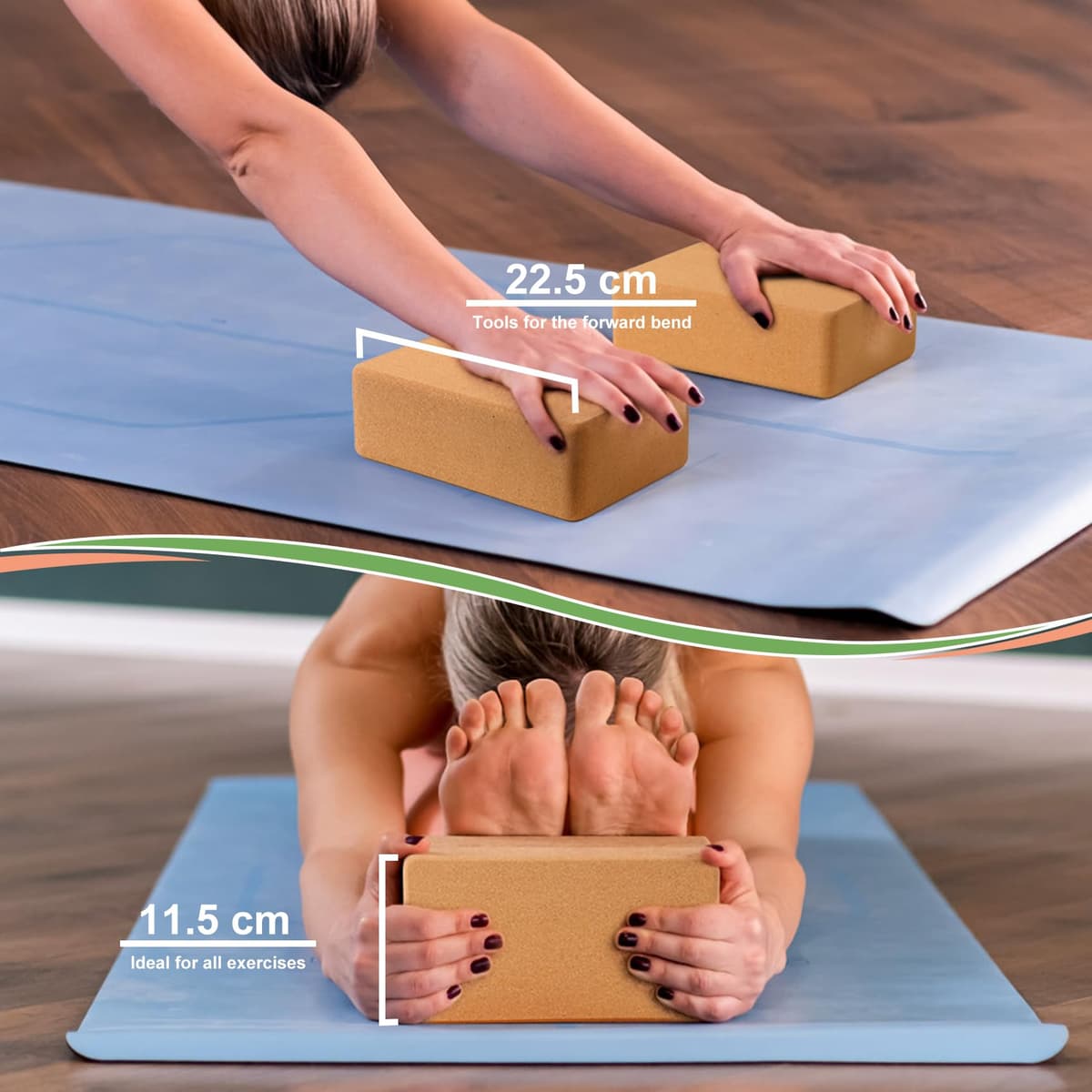 Juego de 2 bloques de yoga de corcho natural, bloque de yoga para fitness, pilates, estiramiento y meditación, ayuda para regeneración, espalda, estiramientos, bloqueos — view 2