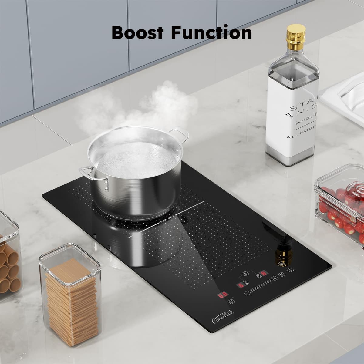 COVERCOOK 2-Zone Induction Hob with Plug,2800W Induction Cooktop with Touch Control,30cm Electric Hob with Flex Zone,9 Power Levels,Boost,Child Lock,Timer Function — view 2