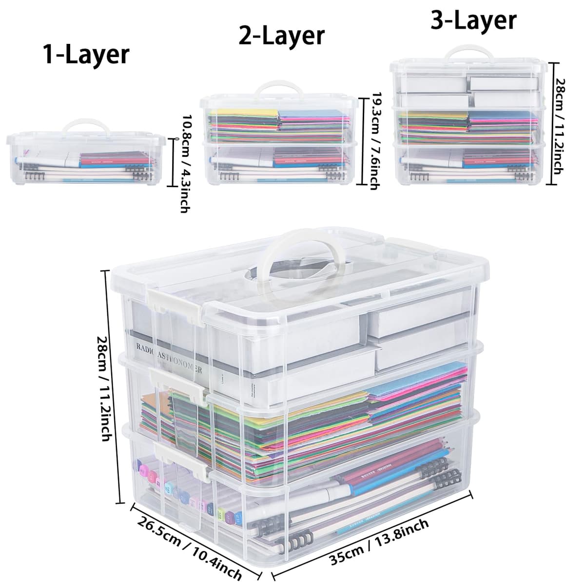 Creahaus 3 Layer Plastic Stackable Storage Boxes with Lid & Carry Handle,Storage Containers Multipurpose Portable Clear Organizer Carry Box for Organizing Art Craft,Sewing, Bead, Tool (Whter — view 2