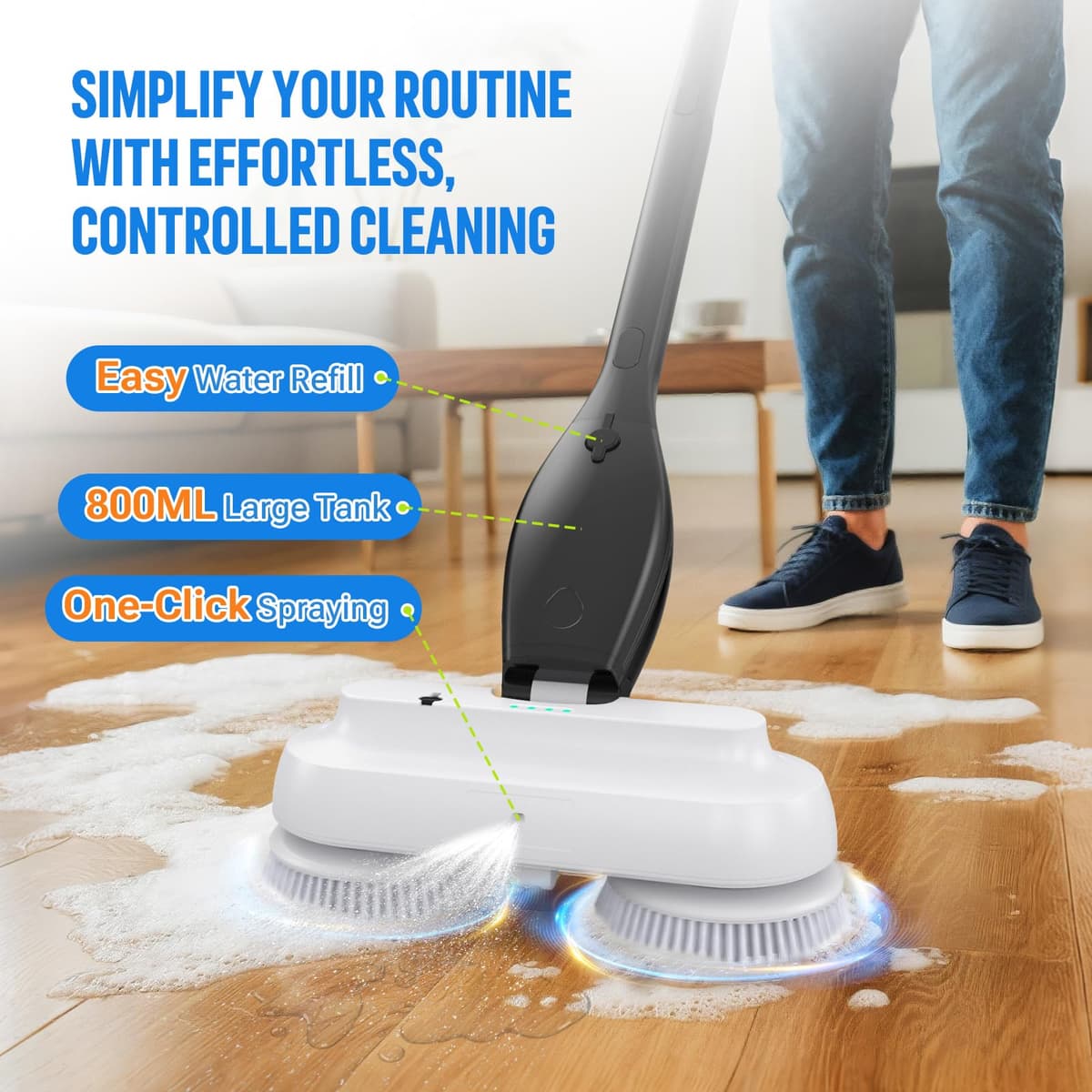 LifeBasis Fregona y Fregadora Eléctrica 2en1 con Pulverizador Impermeable IPX8,Tanque de Agua de 800ML,Fregadora Eléctrica y Mango Extensible Ajustable para Pisos de Mármol,Laminado,Madera y Baldosas — view 3