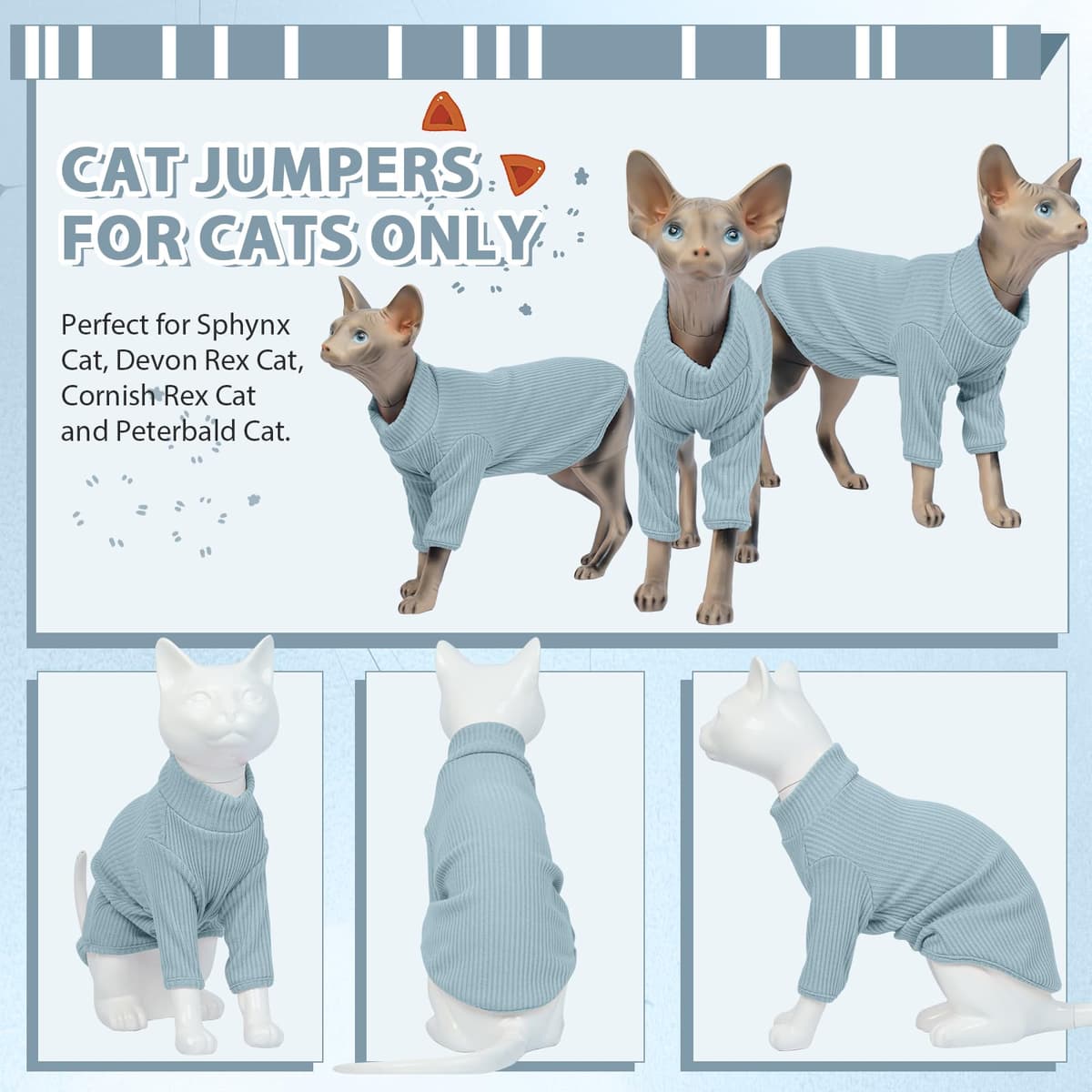 Cat Clothes, Sphynx Cat Clothing, Sphynx Cat Jumper, Cat Clothes For Cats Only, Hairless Cat Jumper, Breathable Cat Pyjamas, Warm Cat Coat, Cat Sweater, Cat Vest For Sphynx, Devon Rex-M — view 3