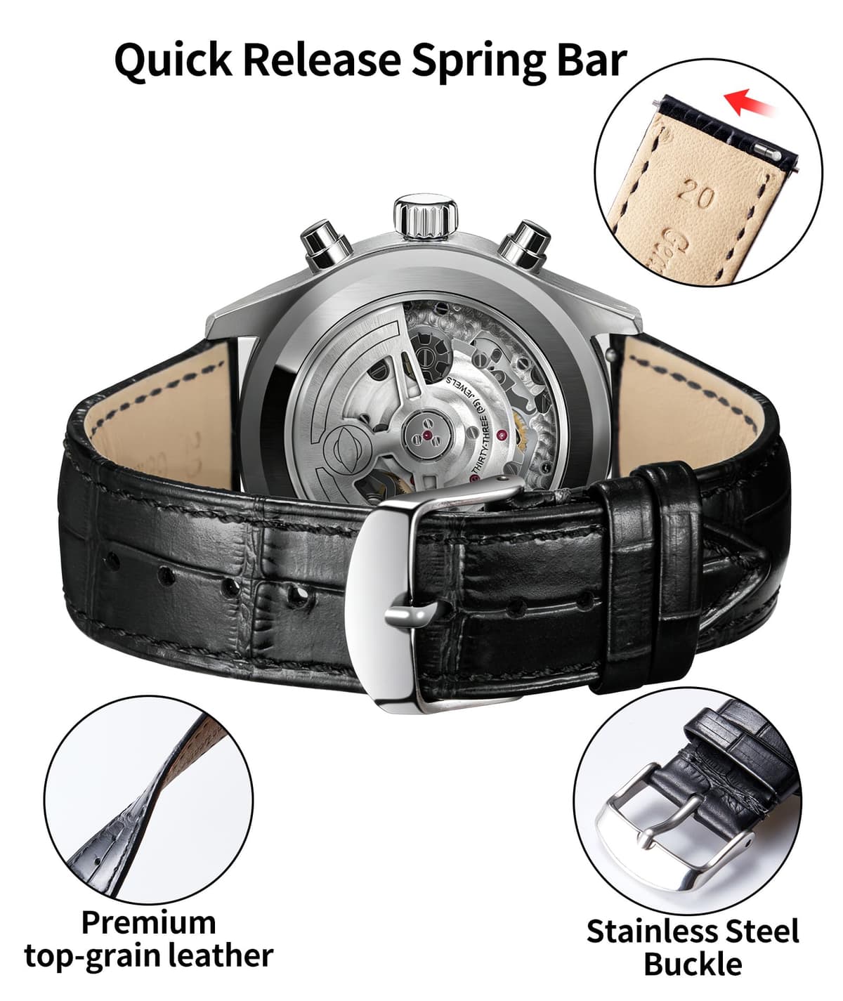 BINLUN Quick Release Leather Watch Straps Replacement Watch Bands Smart Watch Strap Crocodile Pattern in 10 Colors 13 Sizes with Silver/Gold/Rose-Gold Buckle for Men Women(10mm-24mm) — view 40