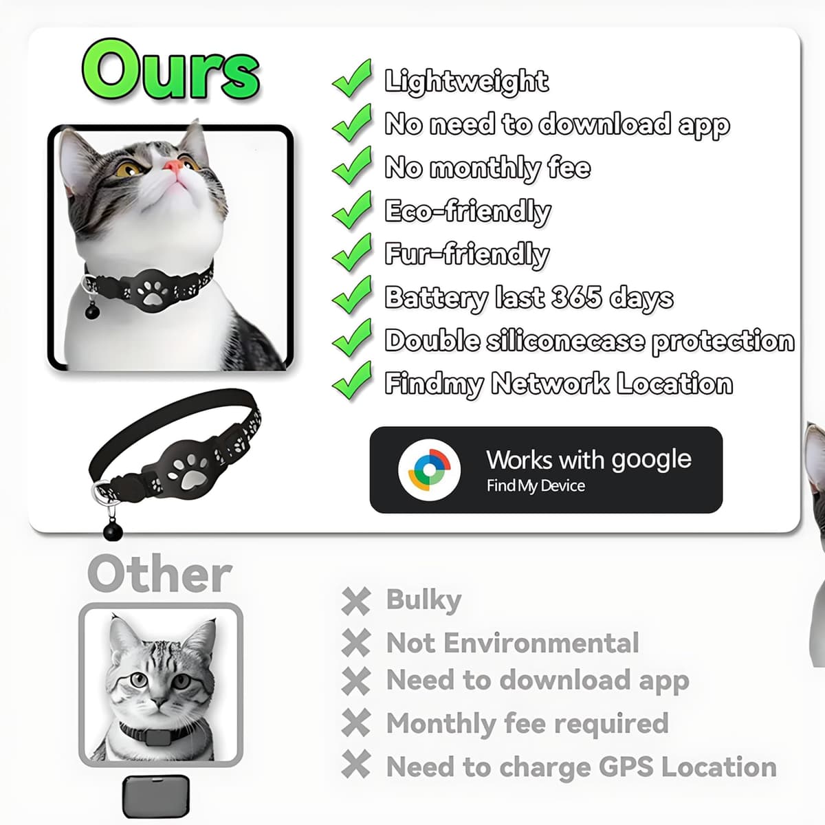 Collar GPS Gatos, GPS para Gatos sin Cuota Mensual, No Requiere SIM (Solo Android), Collar Localizador Compatible con goo- gle Find My (Collar + rastreador Negra) — view 2