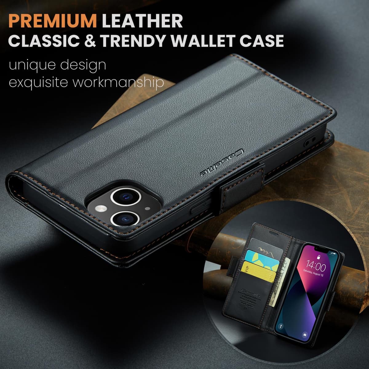 Funda para iPhone 13 6.1", Funda de Cierre Magnético, Cartera de Cuero PU con [Bloqueo RFID], Soporte, Ranura para Tarjetas, Carcasa de Libro, Case para iPhone 13,Negro — view 7