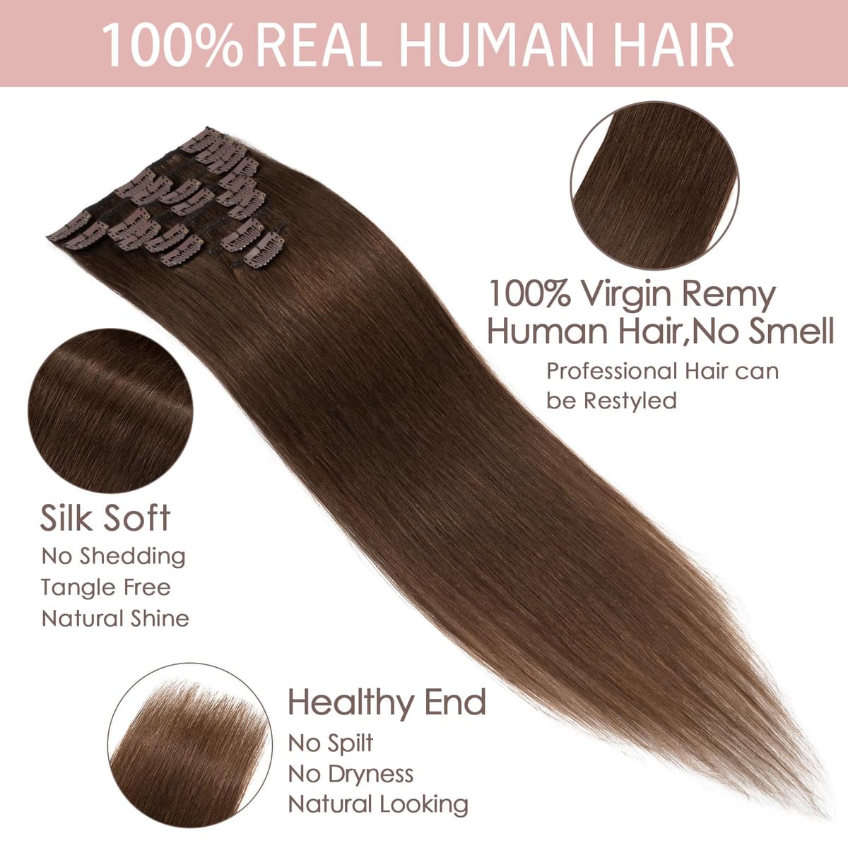 Silk-co 10inch Hair Extensions Clip in Hair Extension Human Hair #04 Medium Brown -Basic Thickness-Thin Weft- 8 Pieces Real Remy Straight Hair Extensions[50g] — view 4