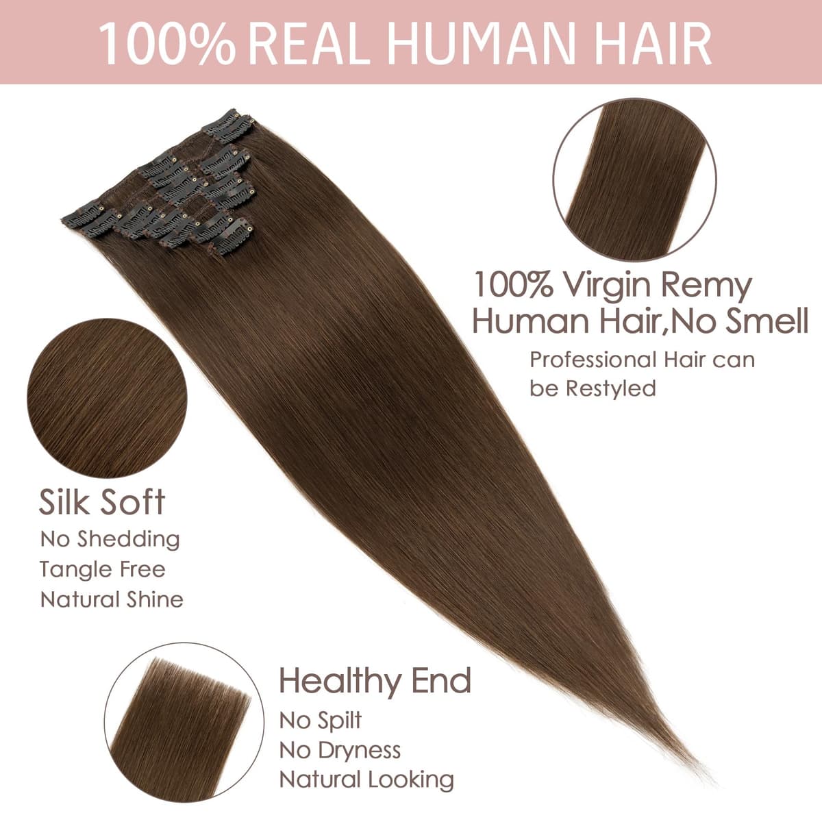 Silk-co 10inch Hair Extensions Clip in Hair Extension Human Hair #04 Medium Brown -Basic Thickness-Thin Weft- 8 Pieces Real Remy Straight Hair Extensions[50g] — view 19