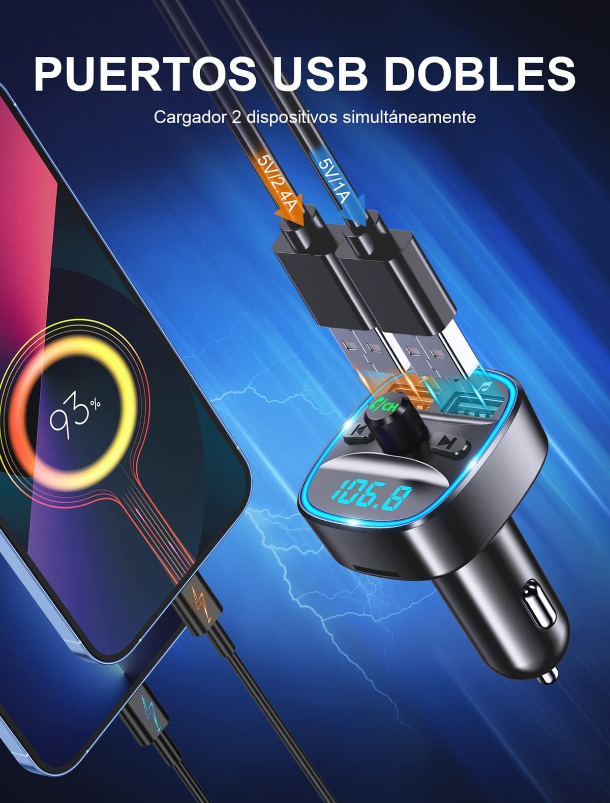 Mohard Transmisor FM Bluetooth Coche, Manos Libres Adaptador Bluetooth Coche Mechero, Musica Radio Inalámbrico Reproductor MP3, Puertos USB Duales (5V/2.4A & 1A), Soporte Unidad Flash USB y Tarjeta TF — view 2