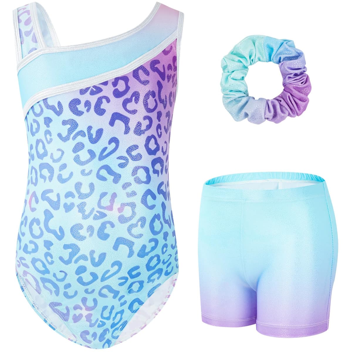 Gogokids Conjunto de gimnasia de tres piezas para niña, cuello en Y, sin mangas, con pantalones cortos y diadema, traje de gimnasia con diseño de bloques de color azul y morado, 3-12 años — view 37
