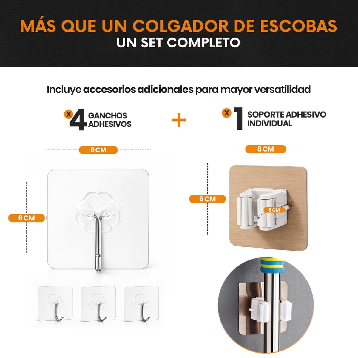Pack Colgador Escobas y Fregonas + 1 Soporte Escobas Pared Adhesivo + 4 Ganchos | Acero Inoxidable Apto Exterior | Instalación con o sin Taladro (Incluye Adhesivo y Tornillería) | Hasta 15kg — view 5