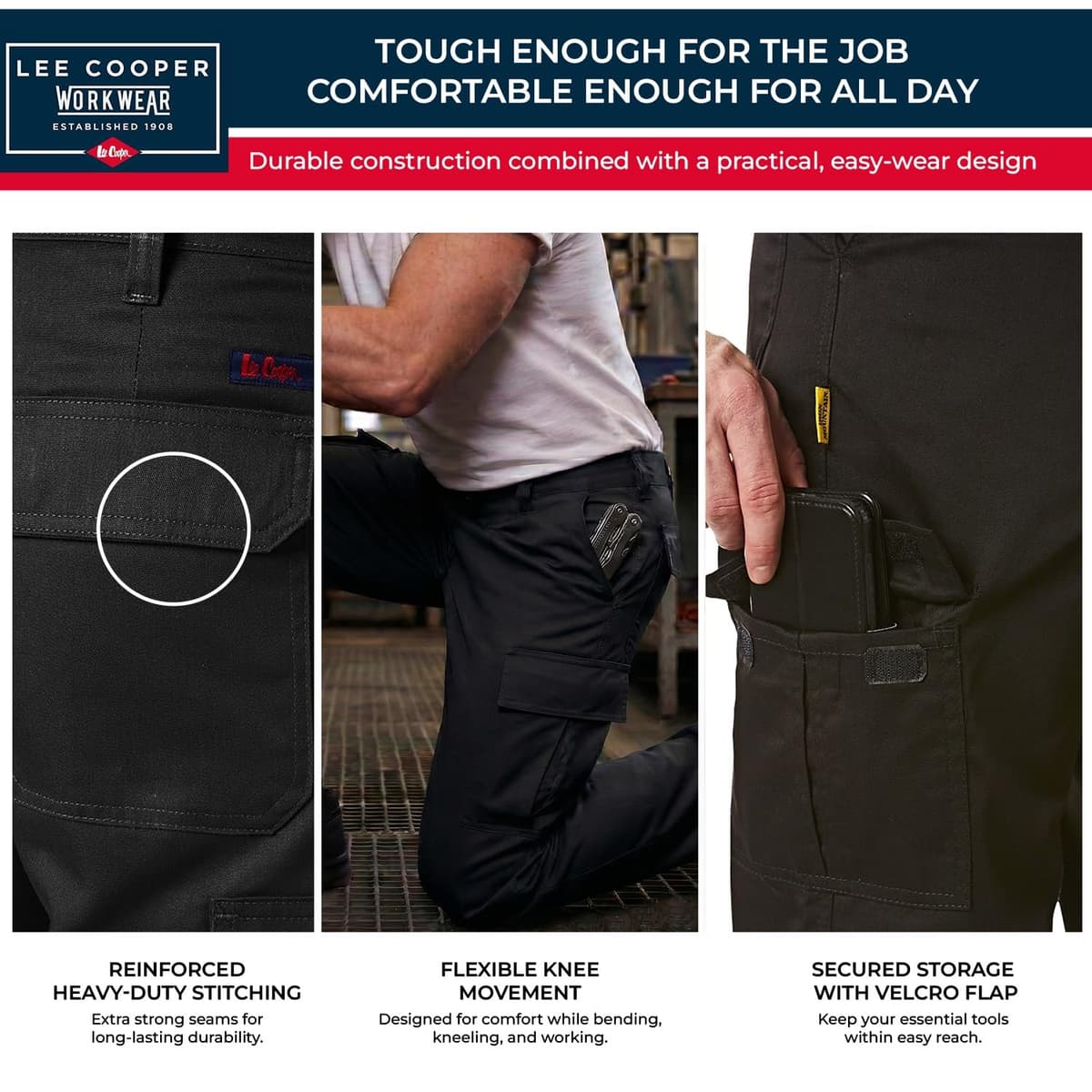 Lee Cooper Men's Cargo Trousers with Multi Pocket Easy Care Safety Workwear Pants Durable Heavy-Duty Work Trouser Regular Fit Button & Zip Closure Pant for Men Casual Wear (Black, 36W / 33L) — view 6