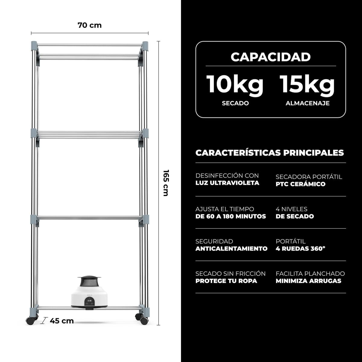 Newlux - Secadora de Ropa Eléctrica Portátil Secadry Azul con Luz UV para Desinfectar. Capacidad 15Kg, Temp. 180min, 4 Niveles. Secadora por Ventilación (1200W) 3 en 1. Ideal como Armario y Tendedero — view 8