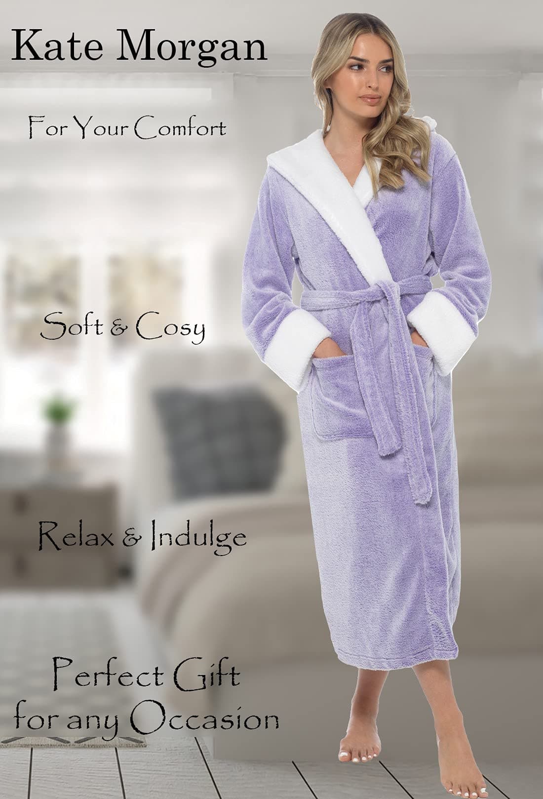 KATE MORGAN Ladies Dressing Gown Fluffy Super Soft Hooded Bathrobe for Women Plush Fleece Perfect Loungewear Long Robe | Gifts for Women — view 4