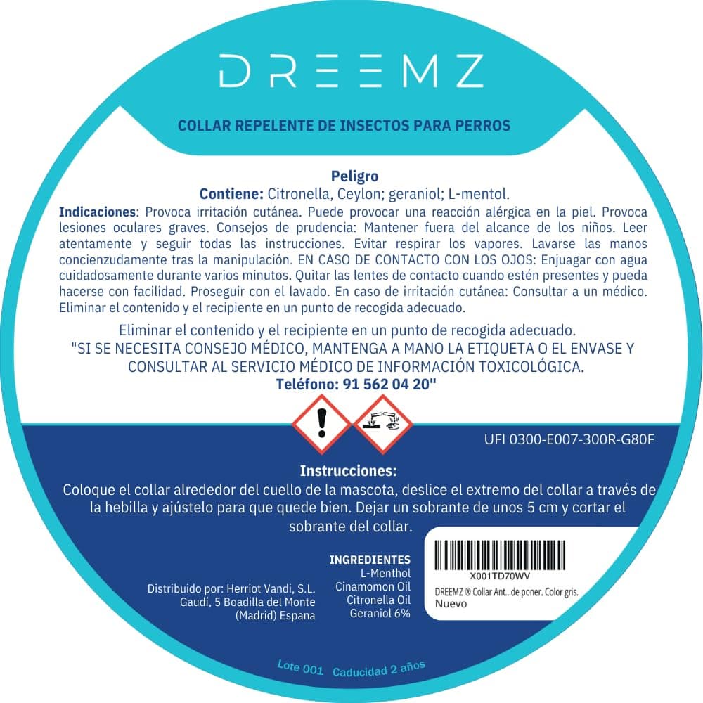 DREEMZ Collar Repelente de Insectos - Antipulgas Perros, garrapatas y Mosquitos, 8 Meses protección-63cm -100% Vegetal-Impermeable - Formatos (1 Und Gris) — view 9