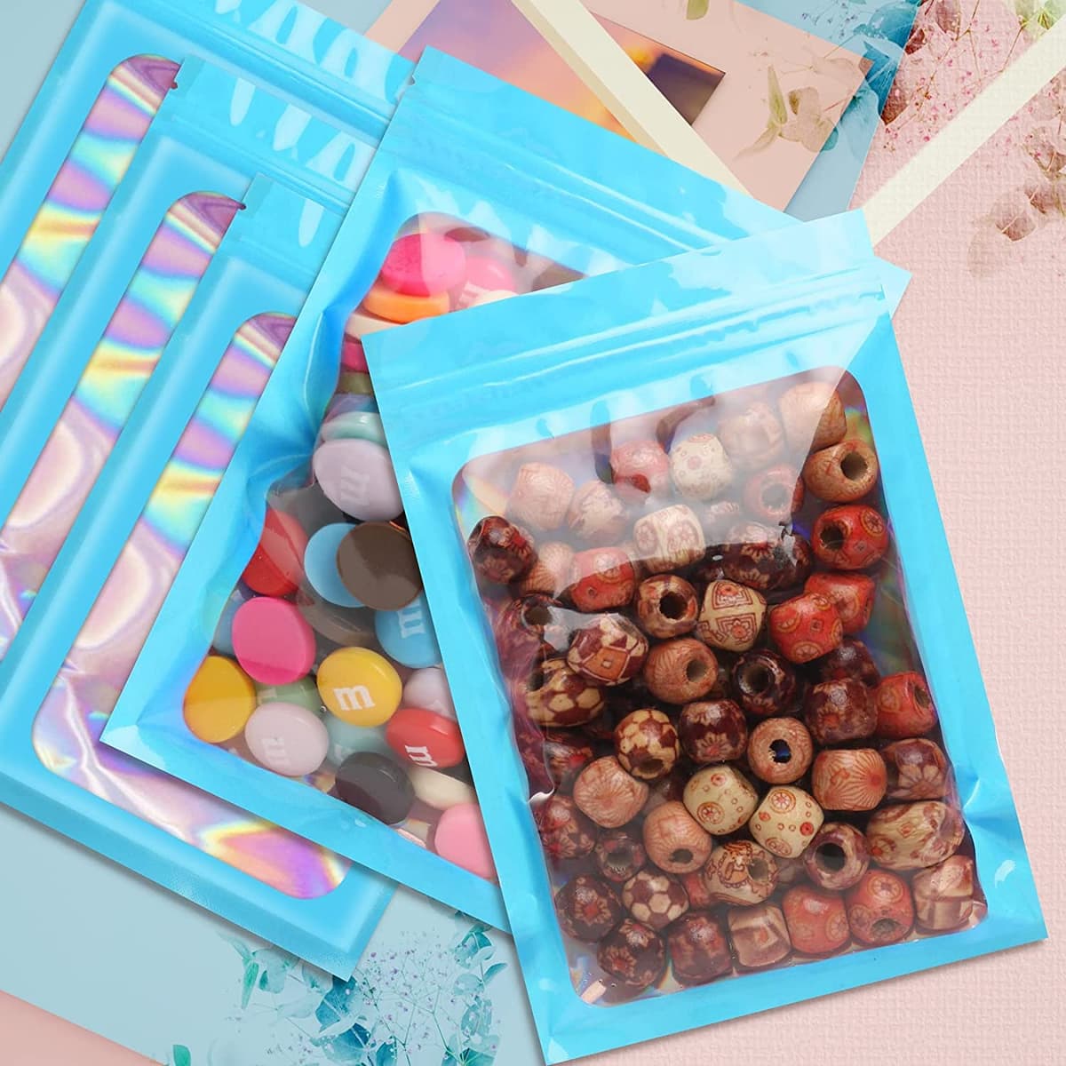 100 PCS Smell Proof Mylar Bags Holographic Packaging Bags, Resealable Odor Proof Bag, Mothers Day Gifts (Blue, 3 * 4.7inch) — view 5