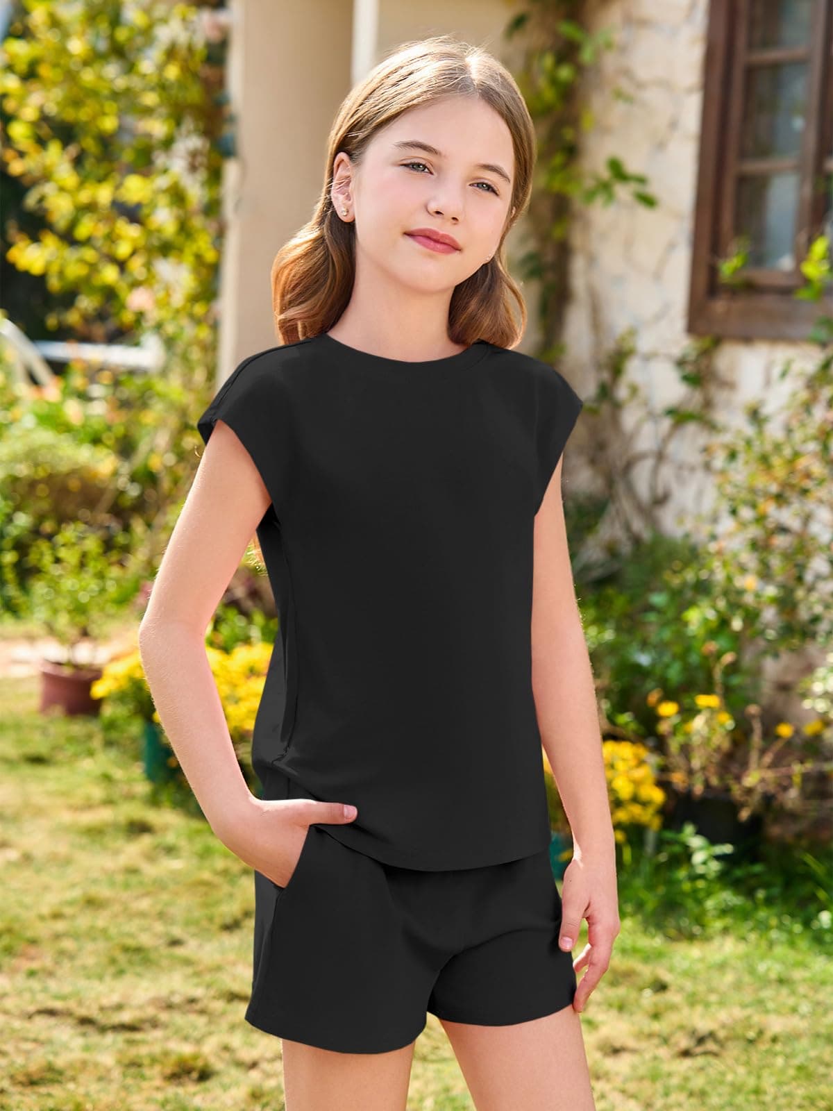 Haloumoning Conjuntos de ropa de verano para niña, informal, manga corta, camiseta con pantalones cortos elásticos, monocolor — view 4