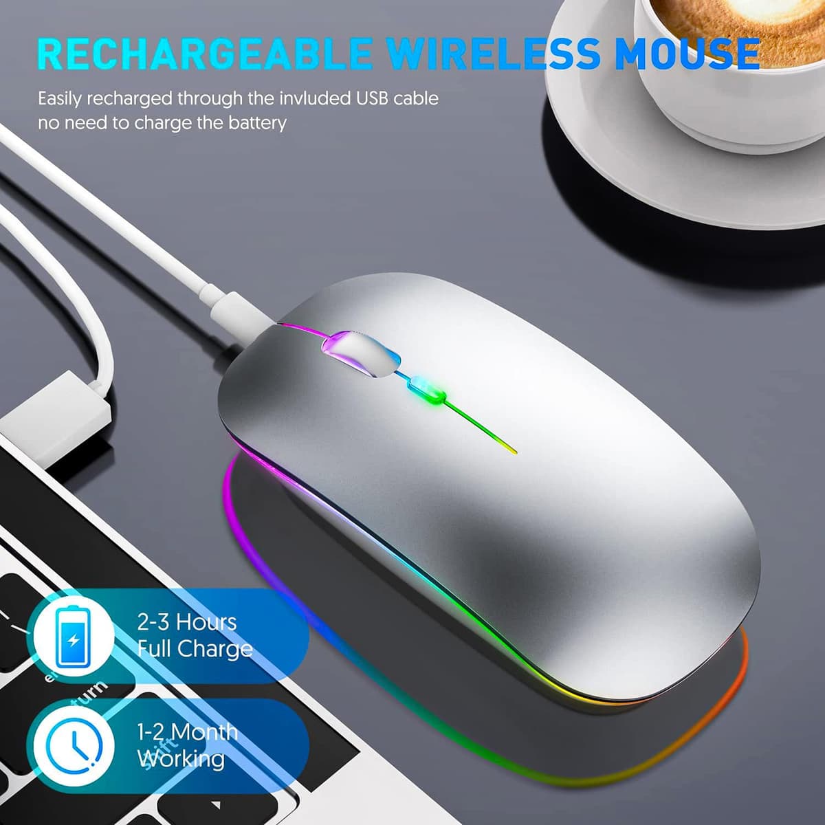 Wireless Mouse for Laptop With 2 USB A to USB C Adapter, 2.4GHZ Bluetooth Mouse Rechargeable, US B Mouse 3 Buttons-Laptop Mouse Wireless PC Mous e 800 to 2400 Dpi, Lapto p Mouse Computer Accessories — view 4