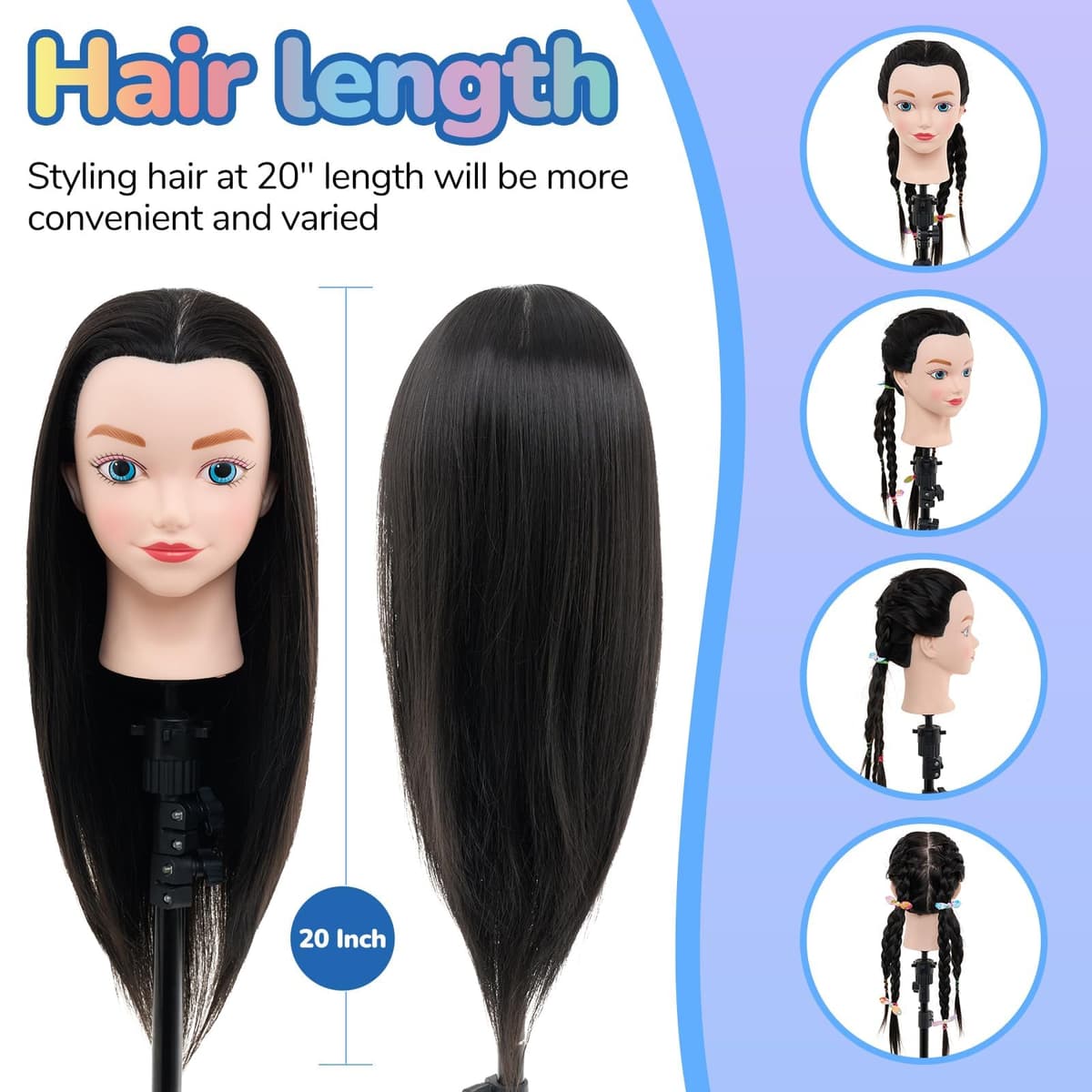 Neverland de 20 pulgadas Cabeza de peluquería 100% de fibra sintética Muñeca peluqueria Cabeza de entrenamiento Cabeza de Muñeca Cabeza peluqueria Cabeza de Maniqui con Soporte& DIY Hair Styling Tools — view 4
