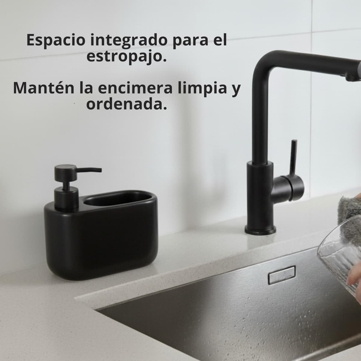 Dispensador de Jabón Cocina con Estropajero 520 ml Curve - Dosificador de Cerámica y Soporte para Esponja. Organizador de Fregadero Estrecho. 18 x 7.3 x 15 cm. - Negro Mate — view 4