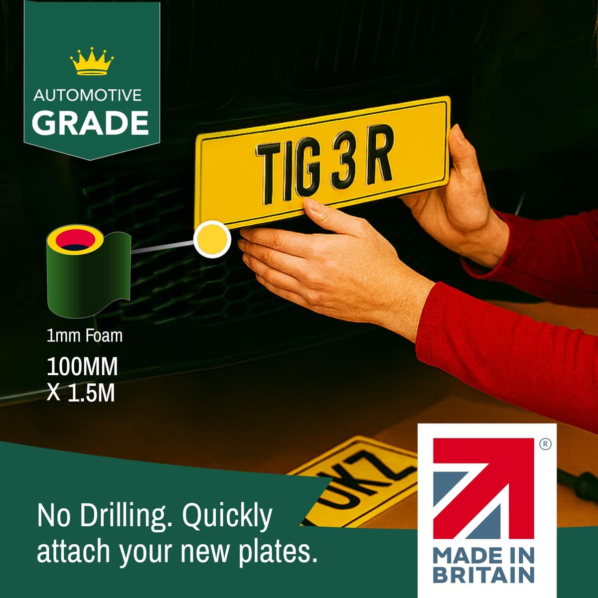 Tiger Tape® UK Made. Heavy Duty Max Hold Number Plate Roll | Fully Covers 2 x UK License Plate. Extra Strength Automotive Grade Adhesive. Ultimate High Performance Grip | Fits all UK Vehicles Full Coverage Roll (2 Plates) — view 5