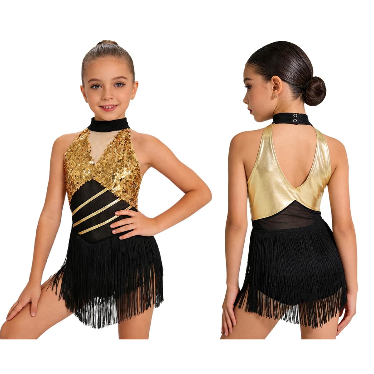 Freebily Vestidos Baile Salsa Samba Rumba con Flecos Niña Leotardo De Baile Latino Espalda Abierta Trajes De Bailarina Cha Cha — view 9