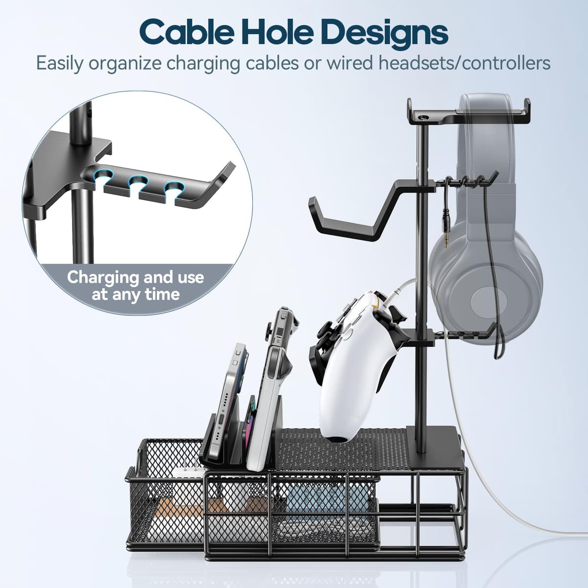 KDD Gaming Headset Stand with Drawer, Universal Stand Controller & Headphone Holder Table with Cable Organizer, Controller Hook with Aluminium Support Bar for Gaming Accessories Gaming PC — view 3