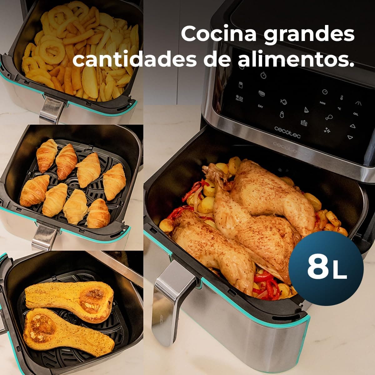 Cecotec Freidora de Aire sin Aceite de 8 L Cecofry Supreme 8000 Air Fryer. 1800 W, Panel Táctil, 30º-200 ºC, 10 Modos Preconfigurados, Pre-heat, Alerta, Acabados en Acero Inoxidable — view 4