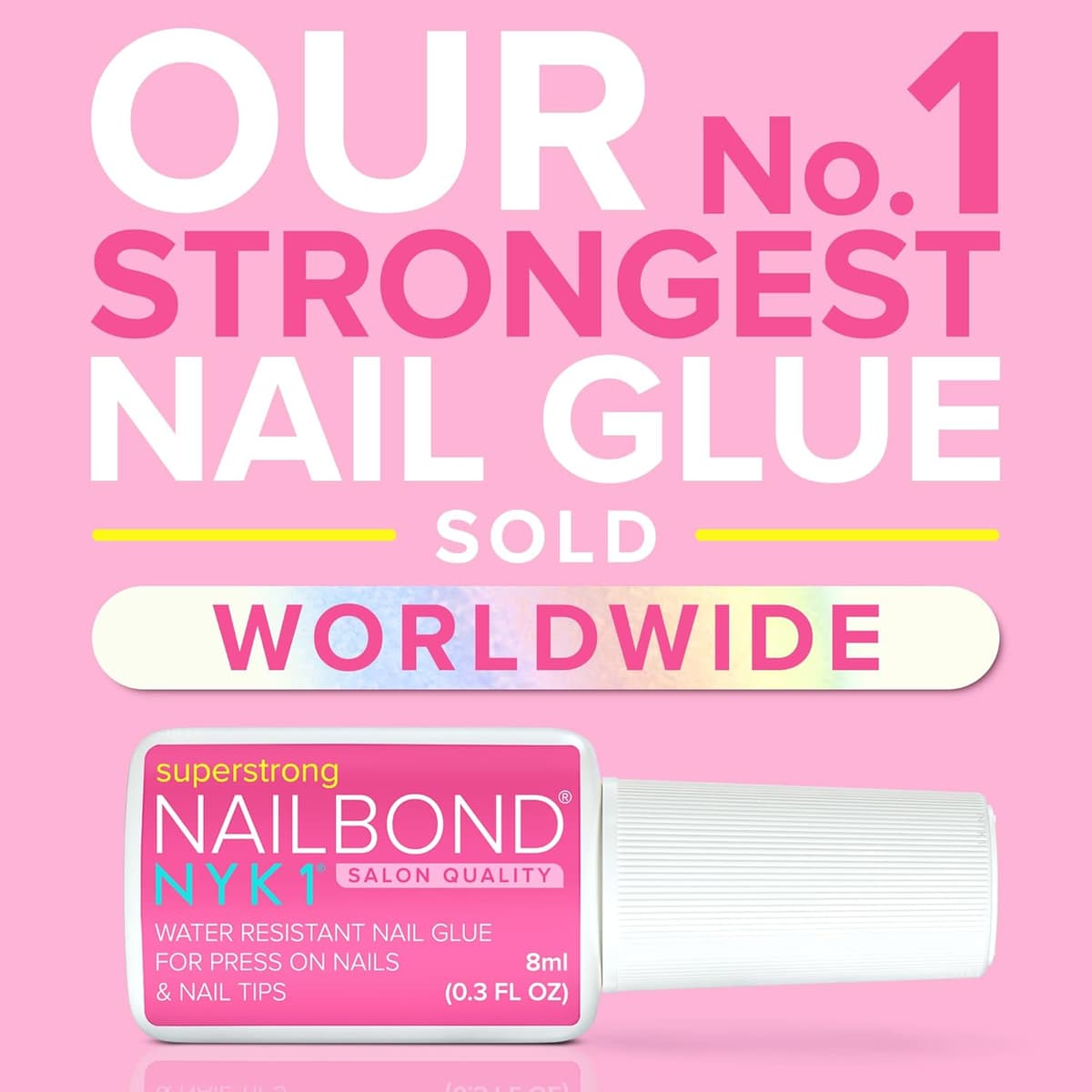 Super Strong Nail Glue for Press On Nails, Tips & False Nails (8ml) NYK1 NailBond Brush On Nail Glue Extra Strong for Press Ons, Tips & Acrylics - Long Lasting, Maximum Strength, Mess-Free Application