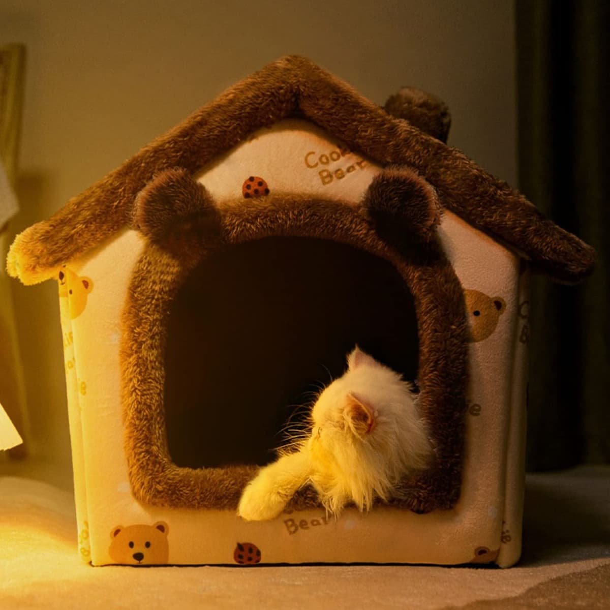 Galatée Cama De Cueva De Gato, Cama Lavable para Perros, Iglú De Felpa Cálida y Acogedora para Gatos, Casa para Mascotas Plegable, Cama para Mascotas con Fondo Antideslizante(S, Oso Pardo Oscuro) — view 2