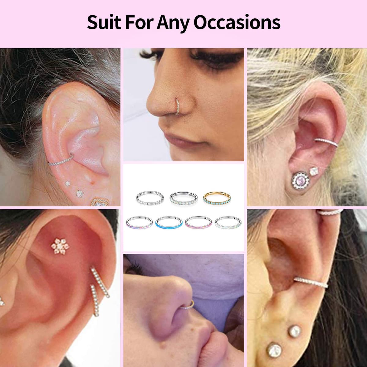 hengkaixuan CZ/Opal Nose Rings Conch Jewellery Septum Clicker 316L Surgical Steel Segment Ring Helix Cartilage Earrings Hoop Daith Tragus Rook Piercing Jewellery — view 4