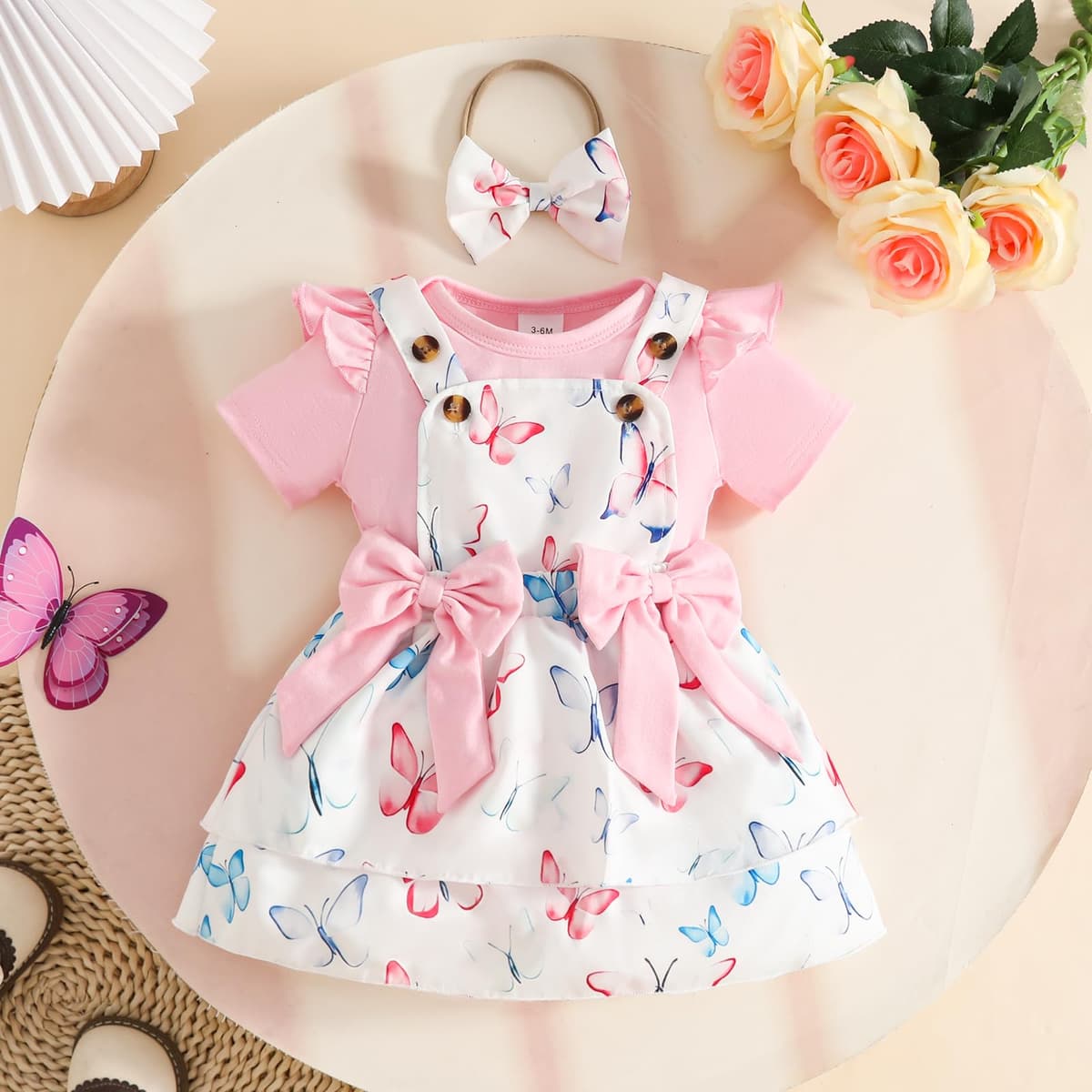 Conjuntos Falda Para Niña Recién Nacida Blusa de Manga Corta y Falda con Tirantes y Lazo Ropa de Verano Para Niña Bebé — view 2